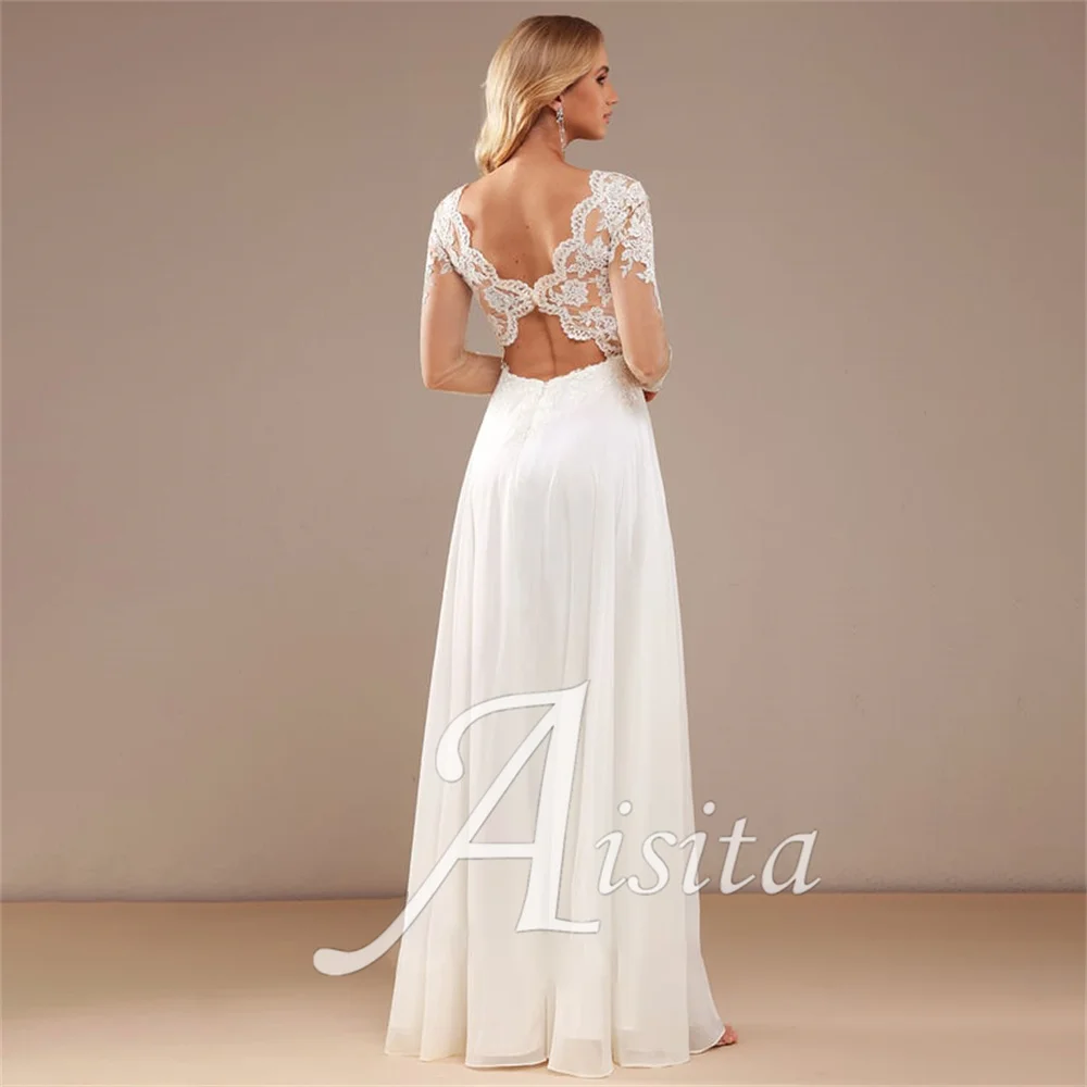 Elegant A-Line Bride Dresses V-Neck Floor-Length Chiffon Lace Sequins Wedding Dresses For Woman Wedding Dress Vestidos De Novia