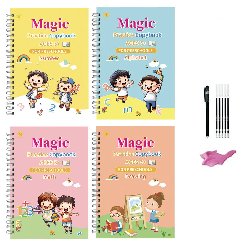 4pcs Sank Magic Practice Copybook Pen Preschools Kids Calligraphy English Verison Free Wiping Children Reusable Writing Book