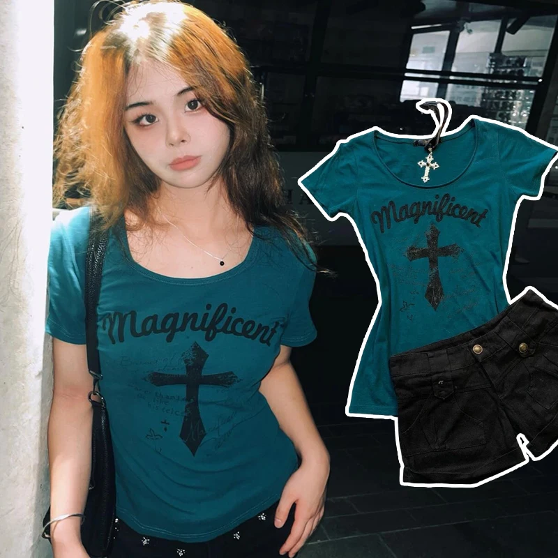 

Dark Blue Cross T-shirt American Vintage Slim Short Sleeves Letter Print Women Top Summer Pulovers Basic Sexy Goth Chic Tees