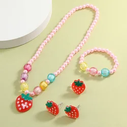 Baby Girls Imitation Pearls Jewelry set Cute Strawberry Necklace Bracelet Rings Fruits Stud Earrings Children Party Jewelry Gift