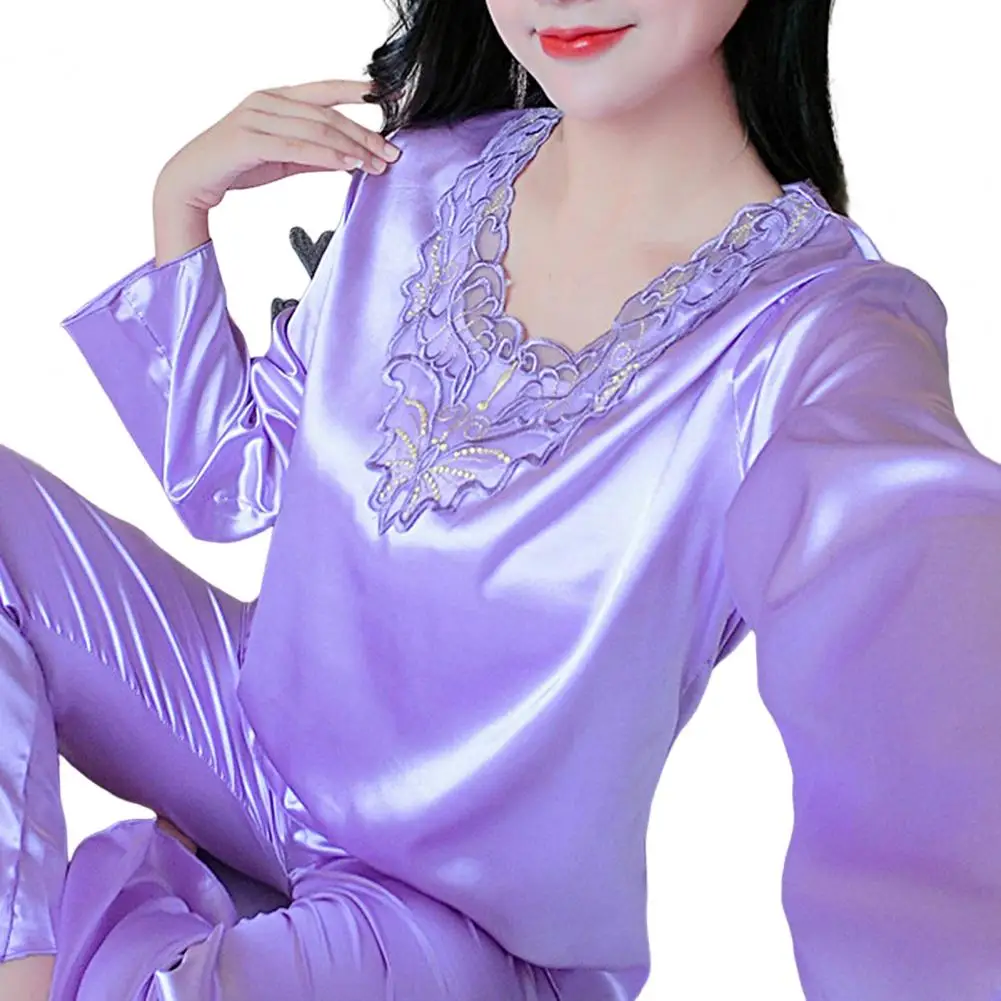 2 Pcs/Set Women Pajamas Set Silky Long Sleeves V Neck Loose Sleeping Lace Nightie Set for Bedroom