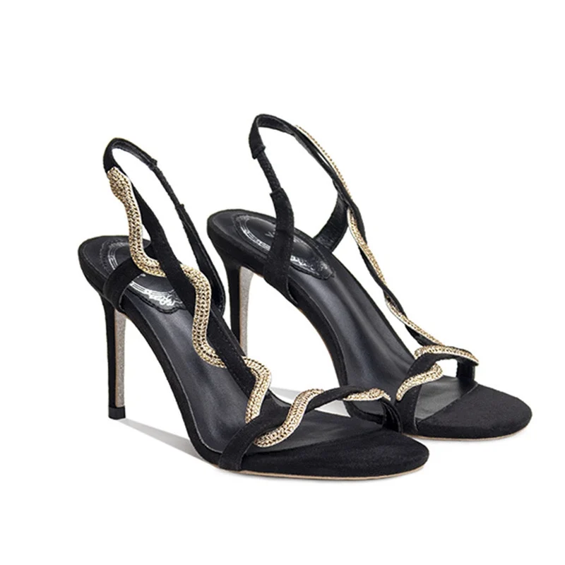 Exquisite rhinestone snake shaped winding side empty ribbon, socialite style women's sandals, sexy high heels, slim heels