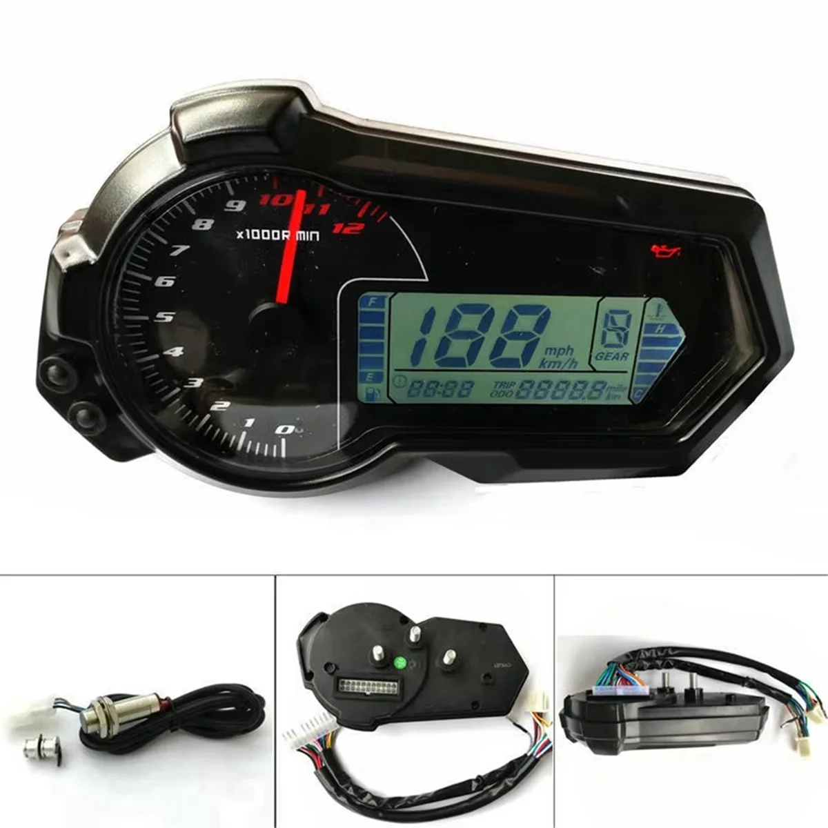 Universal 1200RPM Motorcycle Odometer Tachometer UTV LCD Digital Speedometer Gauge for 2,4 Cylinders N1-6