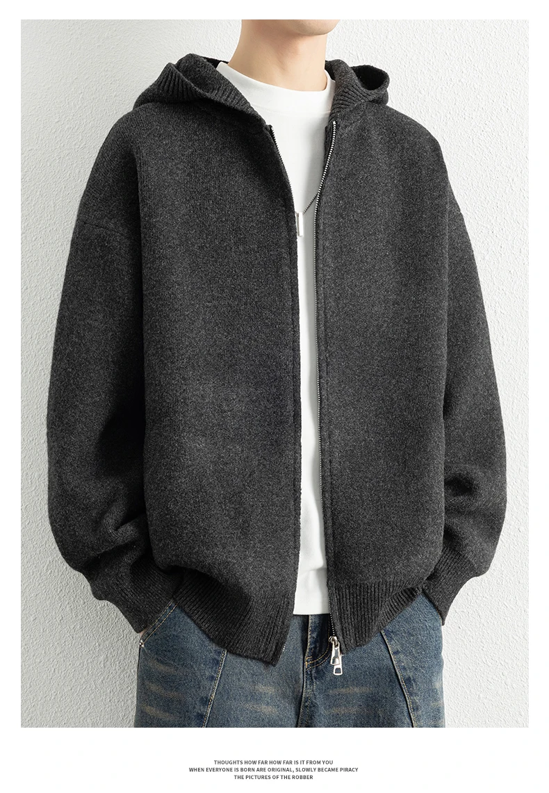 Legible Autumn Winter Casual Sweaters Men Solid Color Hooded Sweatercoats Male Loose Zip-up Knitted Cardigan Man