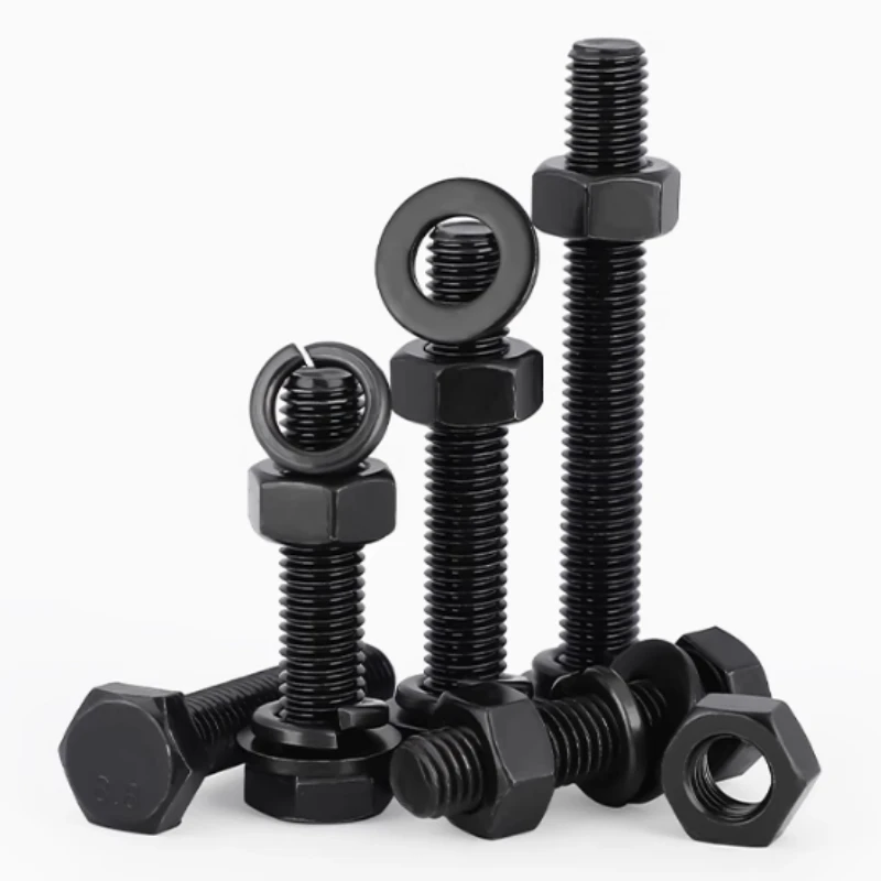 2-100Sets 8.8 Grade Black Hexagonal Screw Nut High-strength Combination Flat Pad Elastic Pad Set M4 M5 M6 M8 M10 M12 M14 M16