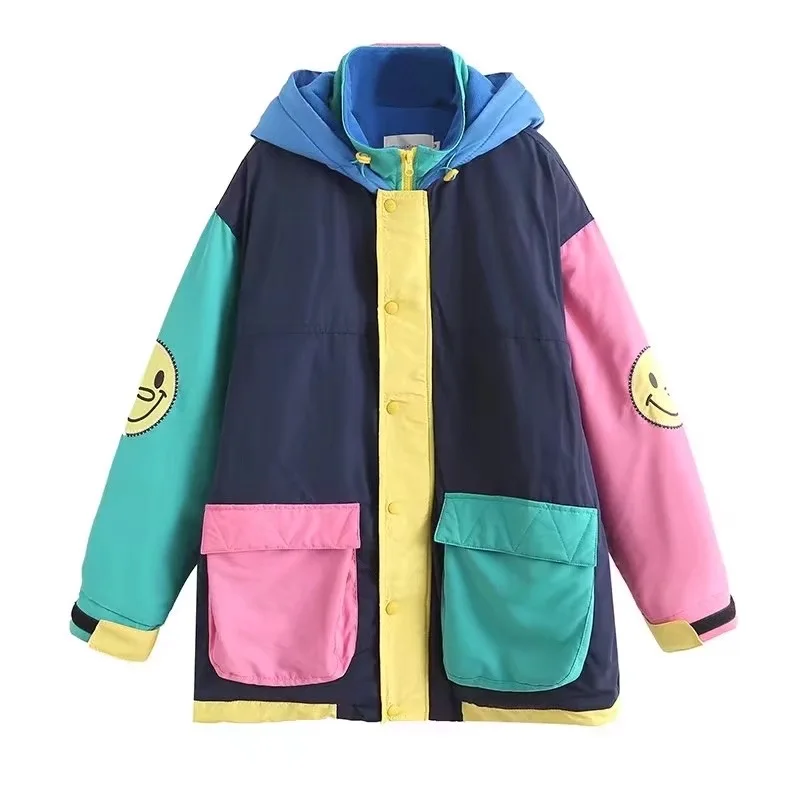 2024 New Japanese Winter Color Matching Loose Jacket Cute College Style Hooded Velvet Jacket For Women