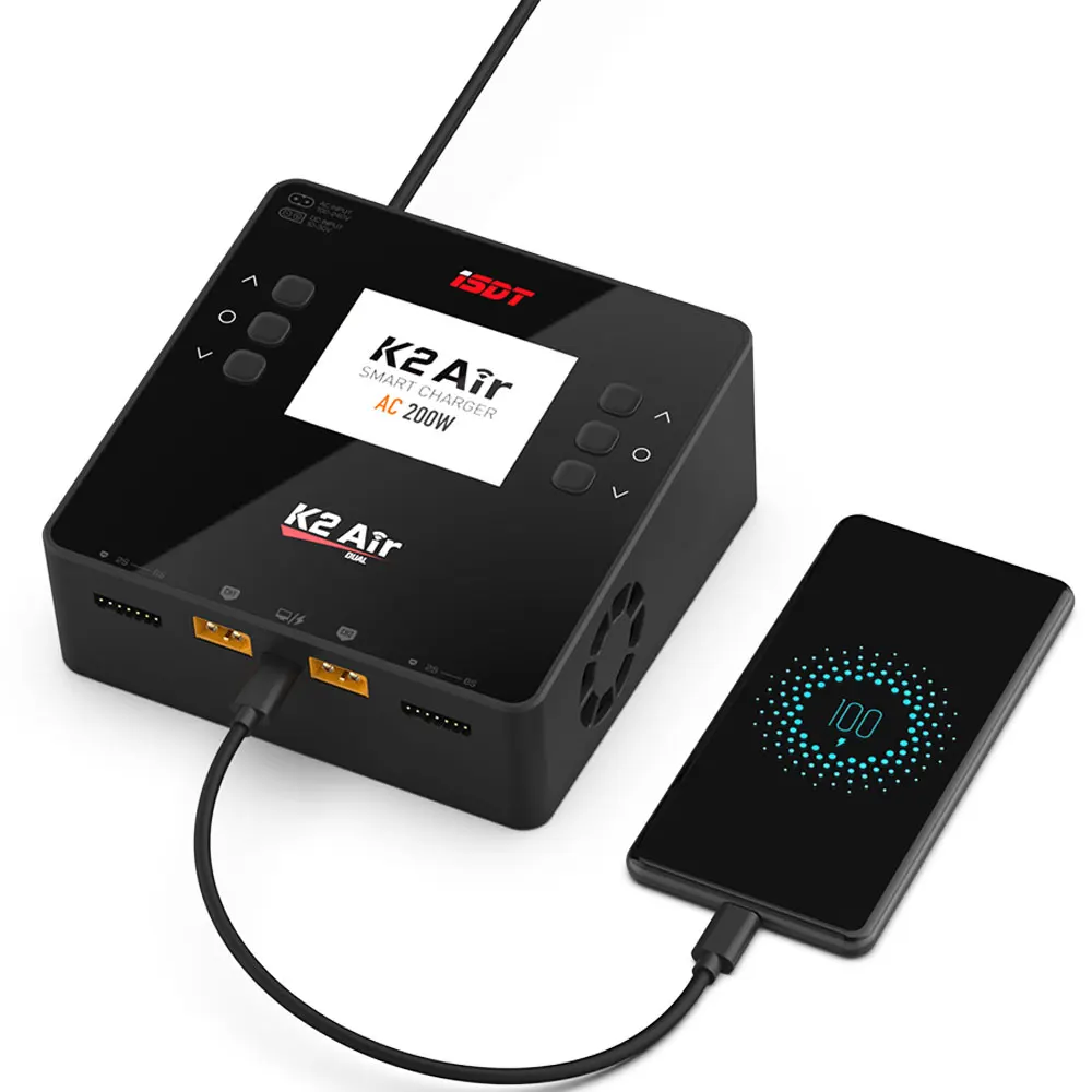 เครื่องชาร์จแบตเตอรี่ลิโพ ISDT K2 Air แบบสองช่องสัญญาณ รองรับการชาร์จแบบบาลานซ์ กำลังไฟ AC 200W DC 500W*2 รองรับแบตเตอรี่ BattAir Smart สำหรับแบตเตอรี่ 1~6S LiFe Lilon LiPo LiHv