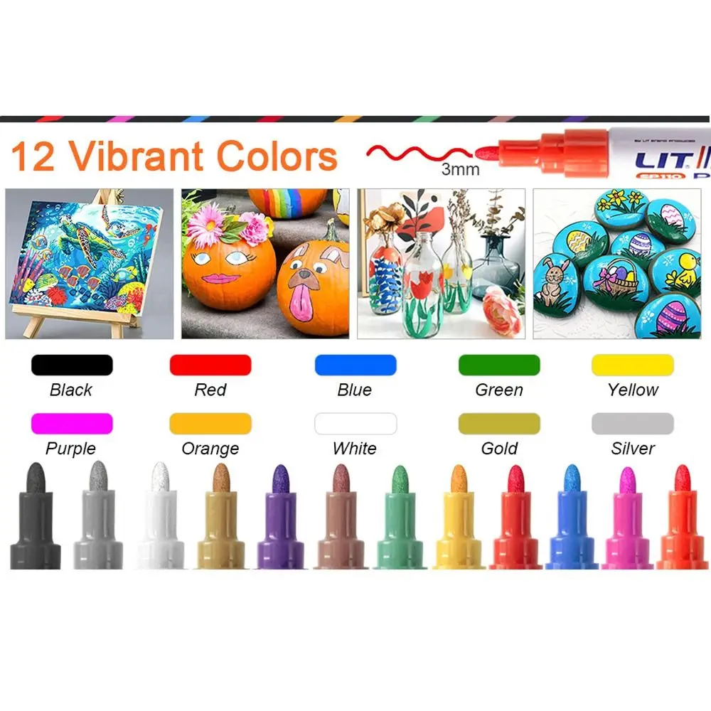 12 Colors Paint Marker Colorful Waterproof Metal Paint Pen Rock Painting Graffiti Art Oil-based Colored Drawing Marker Canvas