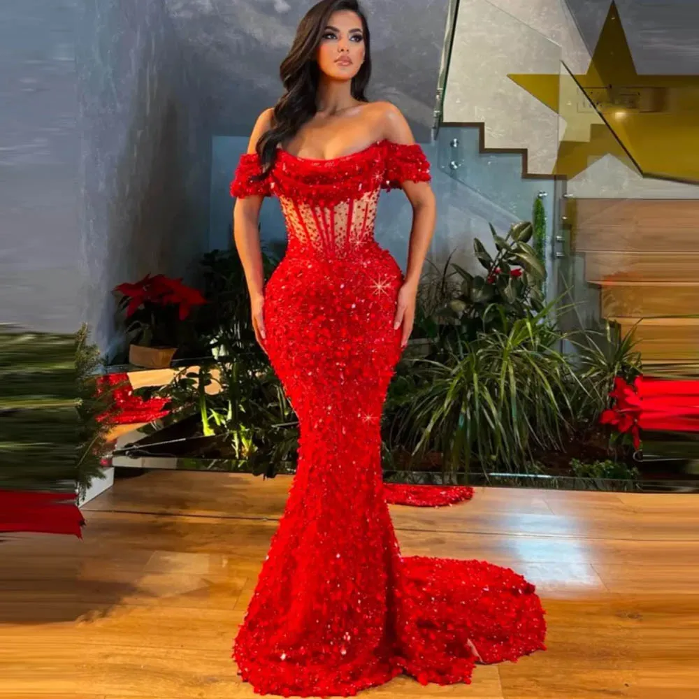 Stunning Sequins Mermaid Prom Dresses Off The Shoulder Exposed Boning Long robes de soirée Long Wedding Reception Dress