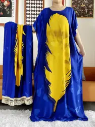 2025  African Women Party Dress Big Scarf Tassels Cotton Printed Loose Floral Boubou Maxi Islam Women Short Sleeve Abaya