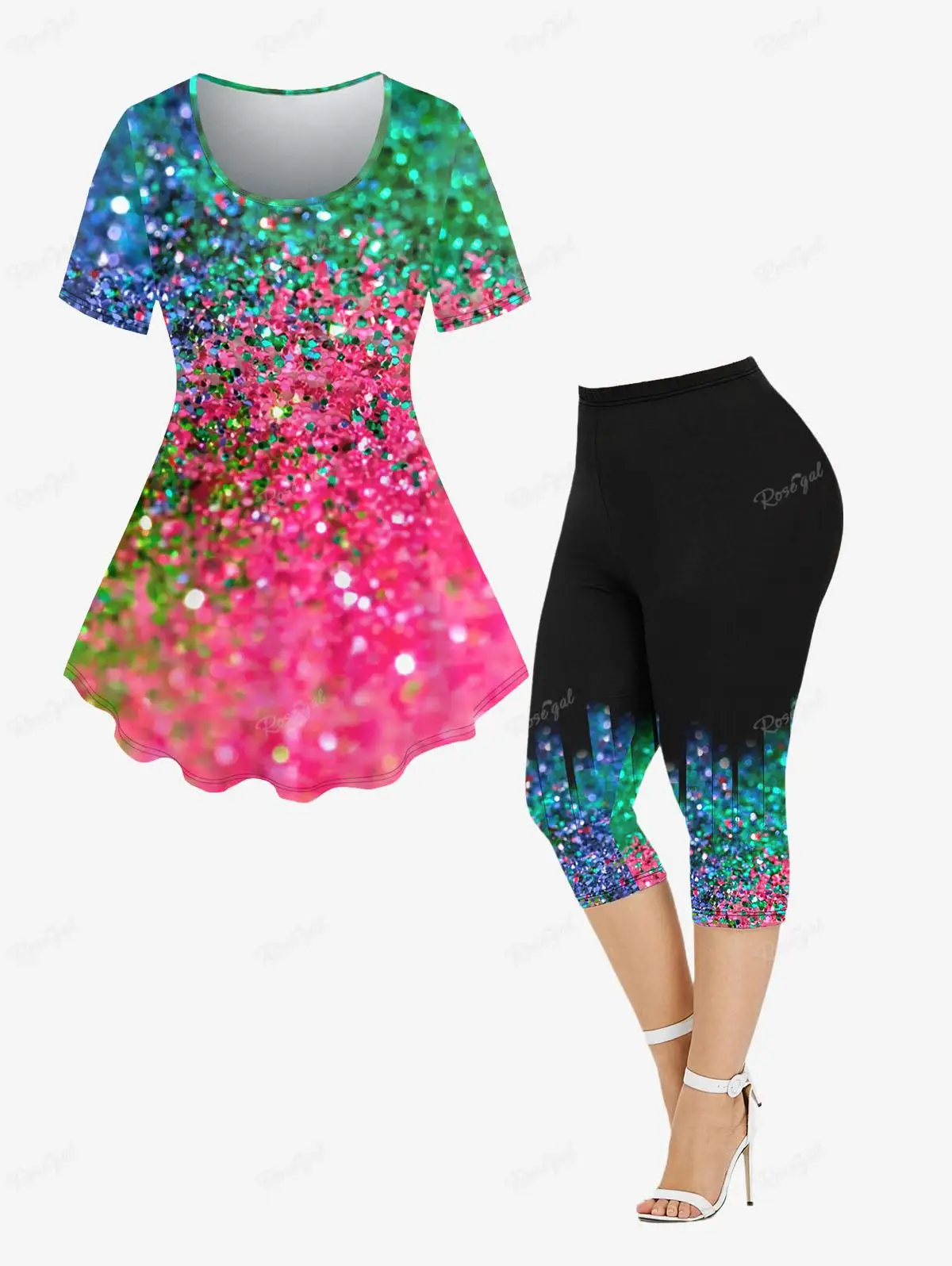 

Short Sleeves T-shirt and Capri Leggings Plus Size Bundle conjuntos para mujeres 2 piezas Sequins Glitter Printed