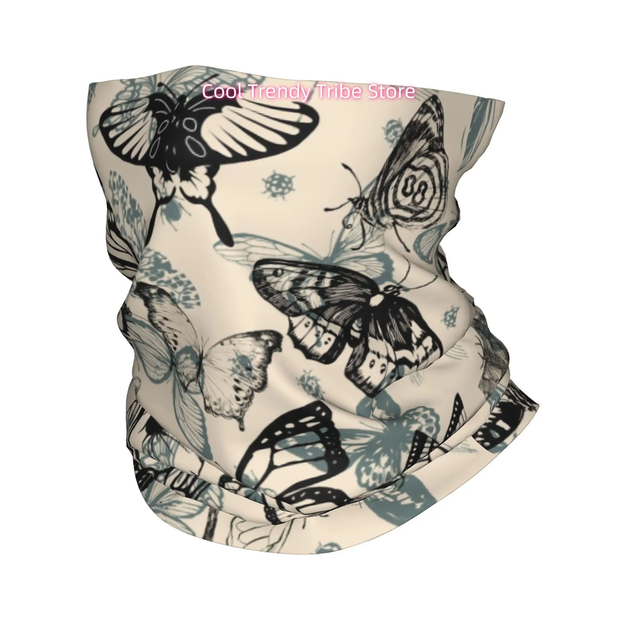 Vintage Butterfly Sketch Pattern with Monochrome And Gray Tones on a Beige Base Novelty Head Scarf Bandana for Women Boho Floral