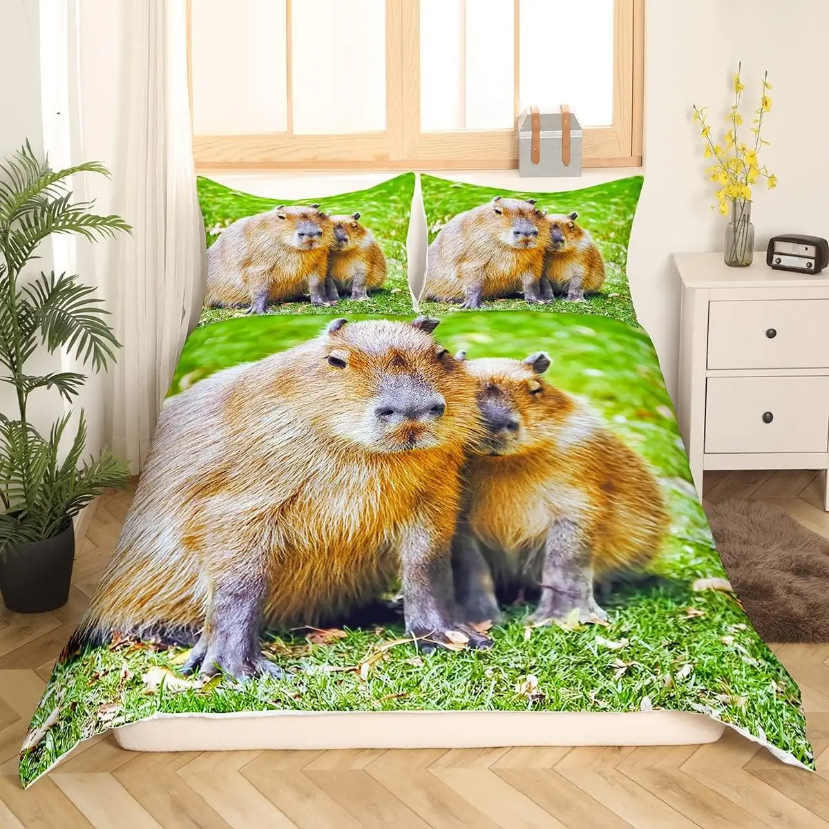 Cute Capybara Bedding Set Single Size 2pcs Funny Rodent Animals Duvet Cover Set Soft Cartoon Quilt Cover for Kids Boys Girls