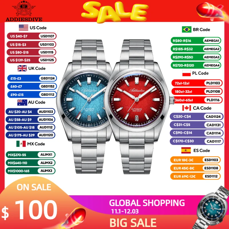 ADDIESDIVE New Men's Watches Mechanical 39mm Bubble Glass Stainless Steel Luminous Luxury Watch 100m Waterproof Automatic Watch