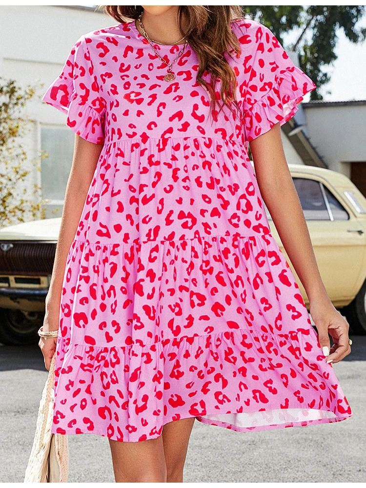 ITOOLIN Damen Boho Süßes Kleid, lockeres Freizeitkleid, kurzärmelig, O-Ausschnitt, Leopardenmuster, Rüschen, Strandkleid, Sommer