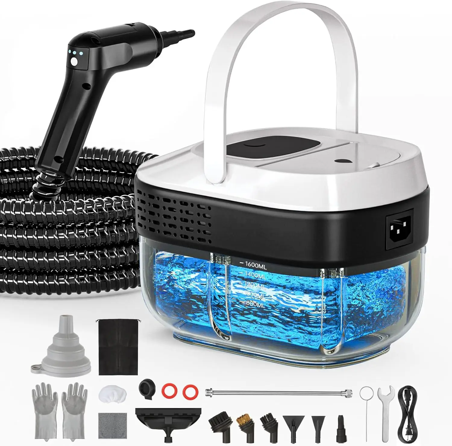 

Портативный пароочиститель мощностью 2500 Вт, большой бак емкостью 54 унций, 3-уровневая ручка, быстрый нагрев 15 с, аксессуары из 20 предметов для дома, автомобиля, кухни