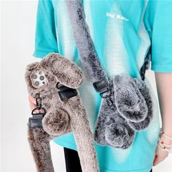 Fluffy Plush Fur Shoulder Strap Case For iPhone 12 Mini 11 13 14 15 Pro Max XS Max XR X SE 2022 6S 6 7 8 Plus Neck Lanyard Cover