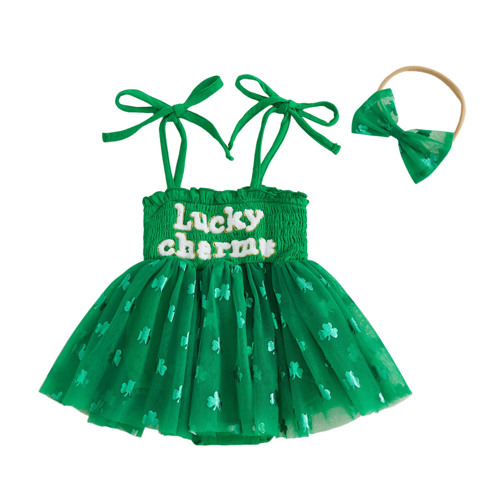 

Наряд для новорожденных девочек: комбинезон без рукавов с надписью и клевером, платье с бантом и повязкой на голову, летняя одежда