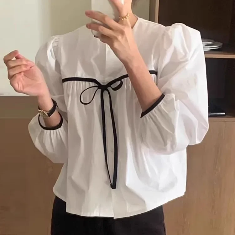 

Корейские модные повседневные универсальные Blusas Mujer, новинка лета 20%, черные блузки Y2k, женские рубашки на шнуровке с круглым вырезом и бантом для девочек
