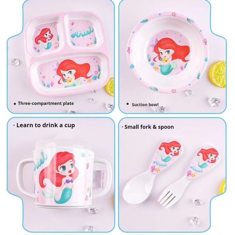 New Disney Kawaii Mermaid Children's Tableware Melamine A5 Baby Bowl Spoon Cup Set Children's Fall-resistant Heat Insulation