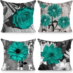 Flower Throw Pillow Covers 18x18 Teal Pillow Covers Couch Sofa Bed Floral Square Pillow Case Turquoise Linen Farmhouse Pillowcas