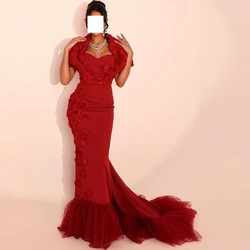 Red Mermaid Floor Length Square Neck Jersey Sleeveless Evening Dress Court Train Pleats Flowers Saudi Arabia Evening Gowns 2024