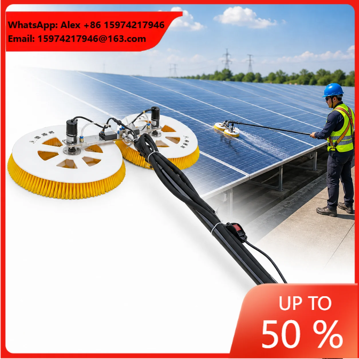 Solar Panel Cleaning Machine 35/70cm Dual Rotary Brush 24V 150W Brushless Motor Lithium Battery Telescopic Cleaner For Solar