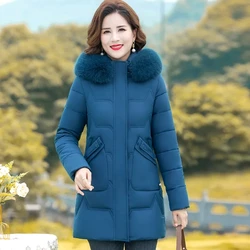 Middle-aged Women Parkas Basic Jackets Autumn Winter Faux Fur Collar Hooded Coat Cotton Clothes Winter Jacket Women Overcoat