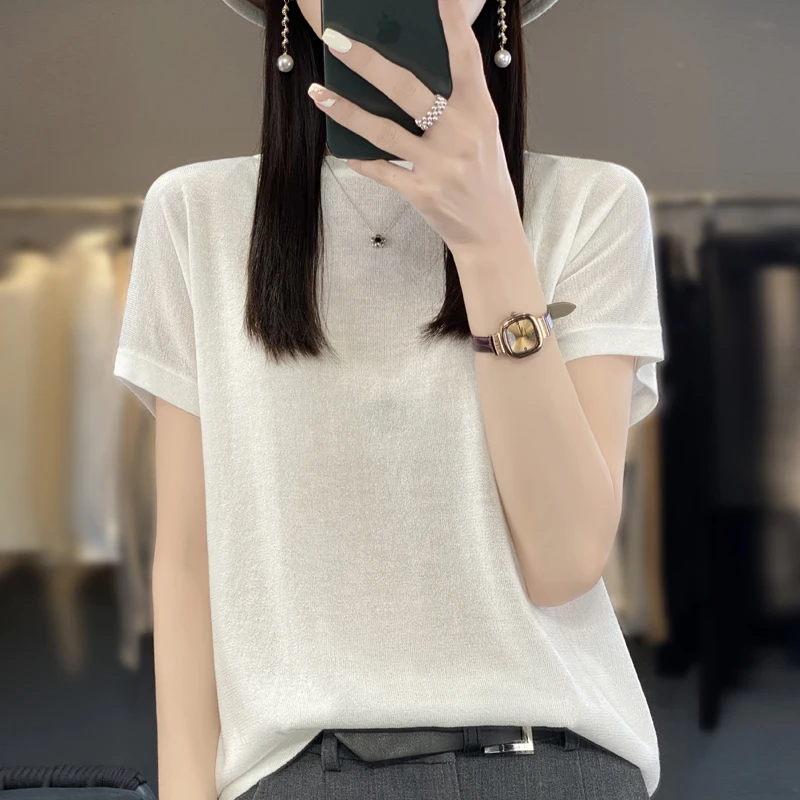 Summer round neck bright silk short sleeve sweater female loose sweet fashion high-end solid color ice silk half sleeve T-shirt
