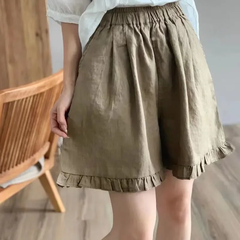 2026 Summer Cotton Linen Shorts Women Retro Ruffled Tie Elastic Waist Wide Leg Casual Loose Shorts