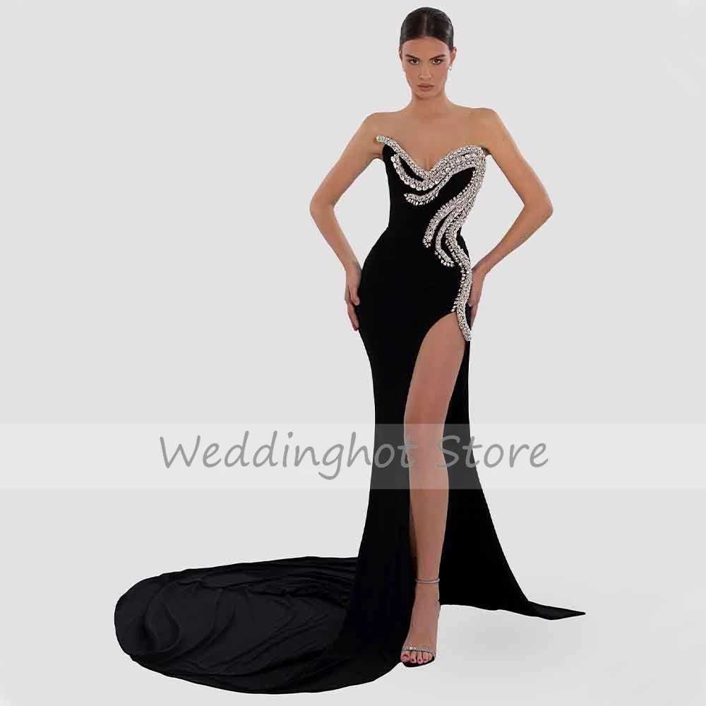 Sexy Evening Dress for Women Luxury Crystal Beading Mermaid Evening Gowns Black Long V Neck High Slit Backless Formal Party Gown