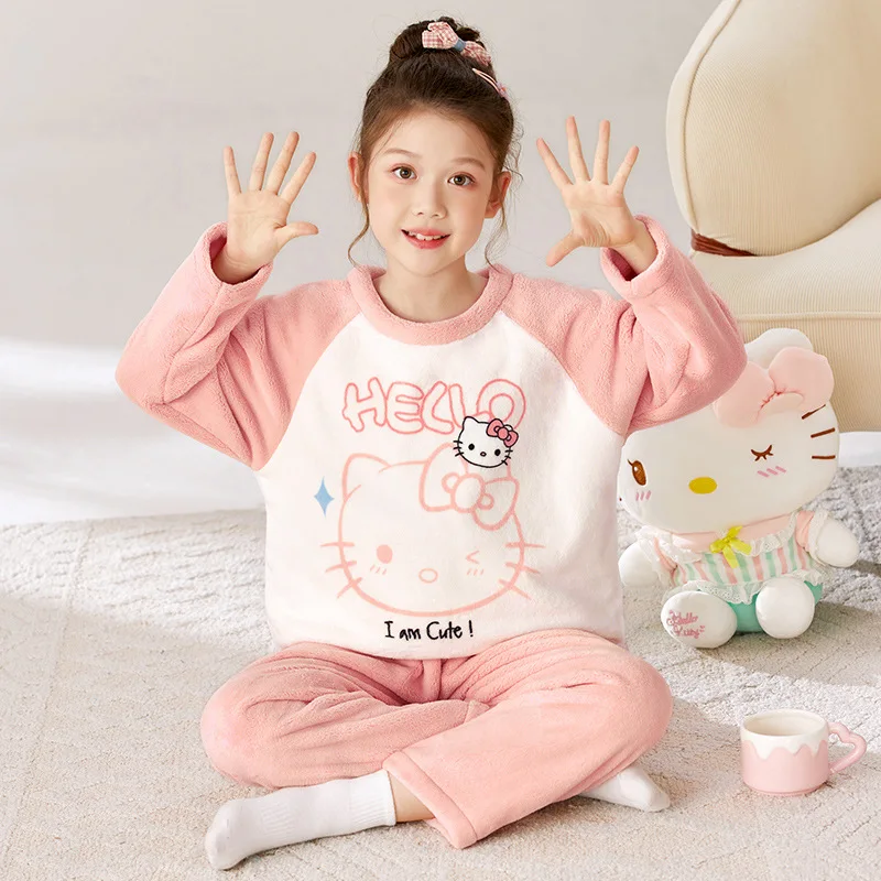 

Kawaii Sanrio Hello Kitty Girls' Pajamas Cute Anime Autumn/Winter Student Set Spring/Autumn Children's Home Clothes Gifts Toys