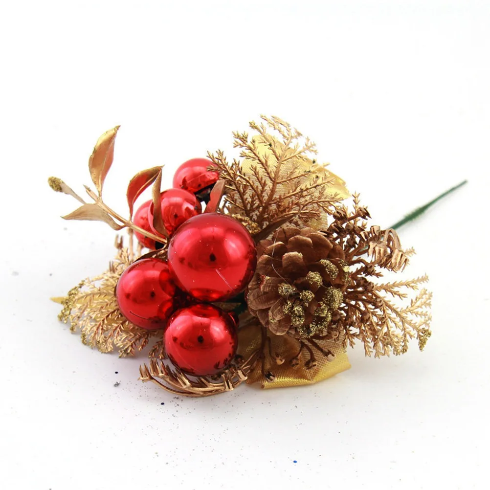 

8pc Christmas Decorations Glitter Leaf Picks Pine Cones Red Faux Holly Berries 2 Styles Holiday Centerpieces Mantle Wreaths