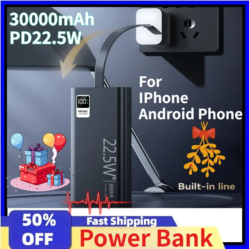 

Large capacity 30000mAh PD22.5W Power Bank for IPhone and Android Phone New Detachable Built-in Cable Fast Charging Battery