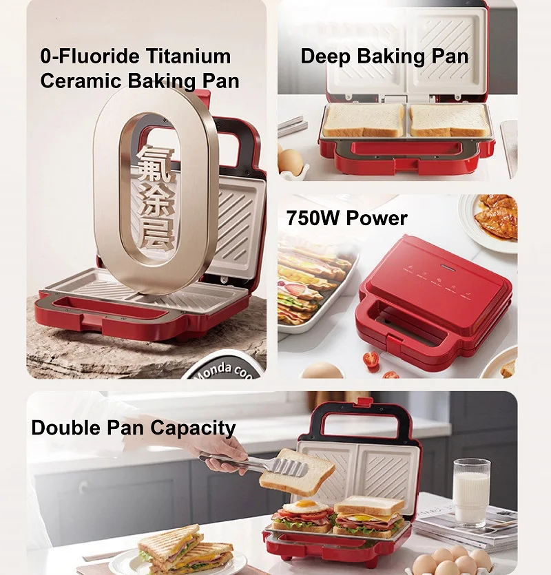 750W Double-sided Sandwich Maker Home Breakfast Machine Extra Large Deep Titanium Ceramic Non-stick Light Food Multifunctional