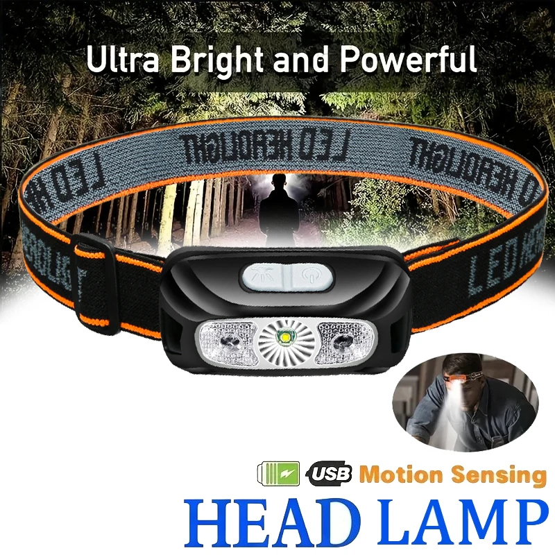Rechargeable LED Sensor Headlamp Head Torch Built-in Battery Head Flashlight For Outdoor Camping Fishing Headlight Lantern