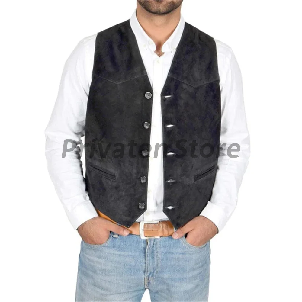 Gilet da uomo in pelle scamosciata monopetto con scollo a V con tasca Slim Retro giacche uomo Casual Solid Slim senza maniche gilet chaleco