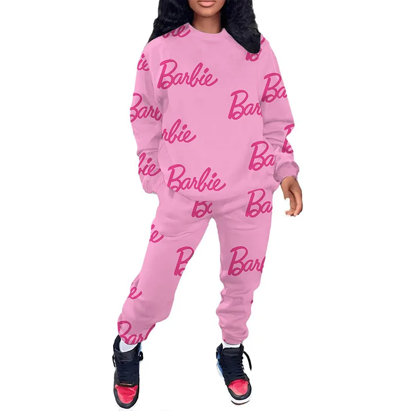 American Casual Cartoon Barbie Hooded Sweatshirt Set Autumn Winter Comfortable Large Size Sports Sweatshirt Two-Piece Set