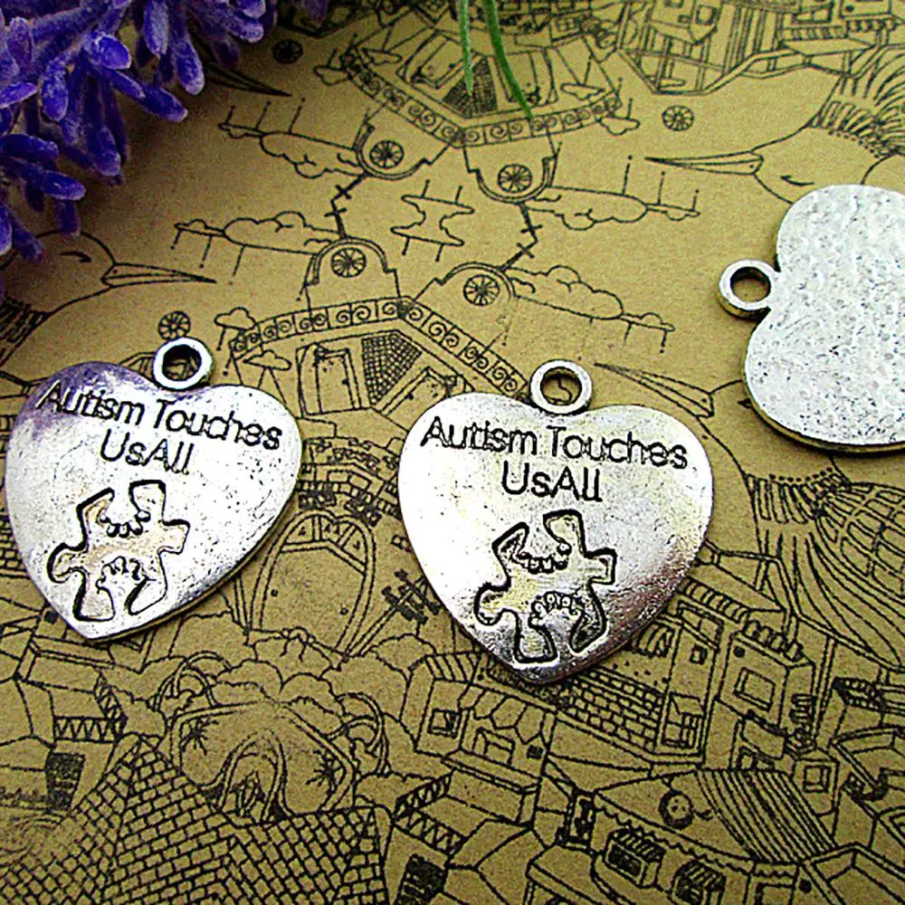 

32pcs--25x23mm Autism Touches Us All Charms For Jewelry Making Diy Findings Antique Silver Color Alloy Pendants