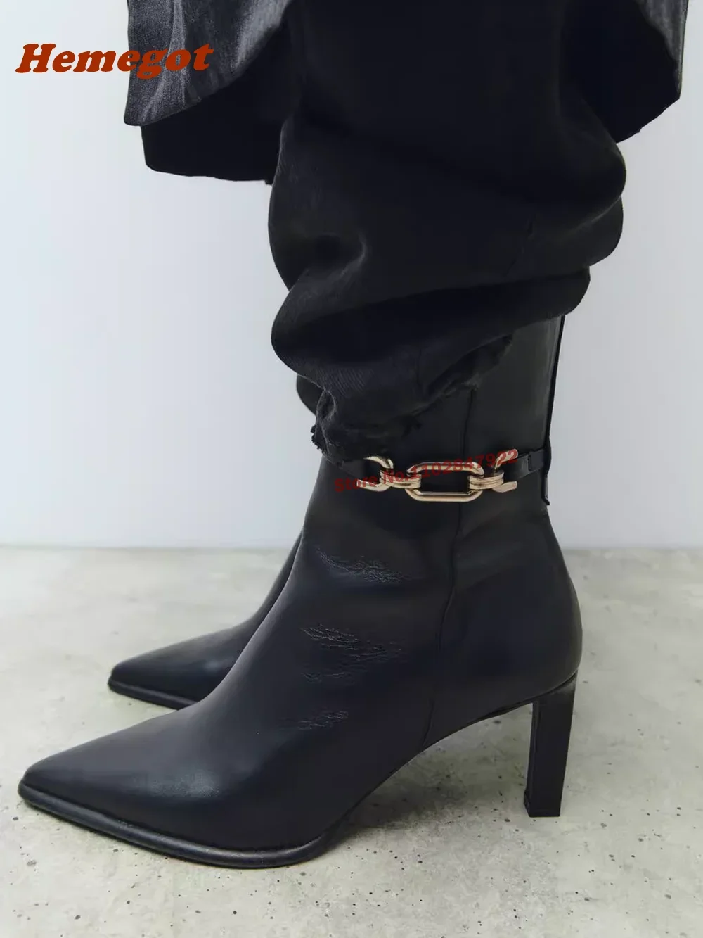 Metal Decor Leather High Heels Ankle Boots Black Chain Slip On Solid Women's Boots Winter Stiletto Heels Short Booties Luxury