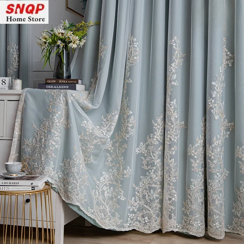 Nordic European Embroidered Tulle Integrated Double Layer Luxury Curtains for Living Room Bedroom Dining Blackout Sheer Window