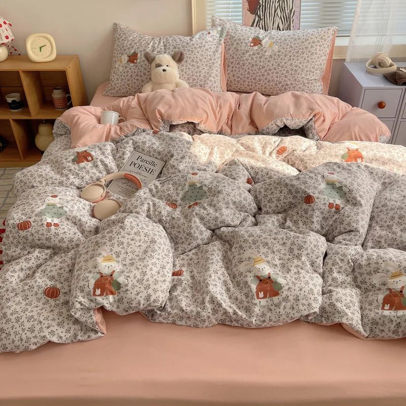 Winter class A imitation cotton four-piece set ancient washing small fresh printing bedding kit