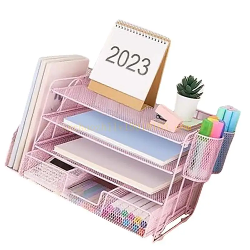 62KA Organizadores archivos con bandeja letras 4 niveles con cajón y vasos para bolígrafos para suministros oficina, ahorro espacio para archivos, documentos, escritorio oficina