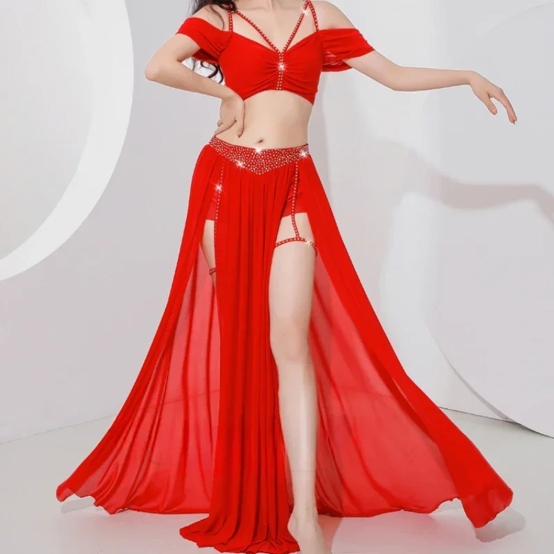 

Women's Belly Dance Professional Set Mesh Short sleeved Top+Sexy Split Skirt 2-piece Girl Belly Dance Set