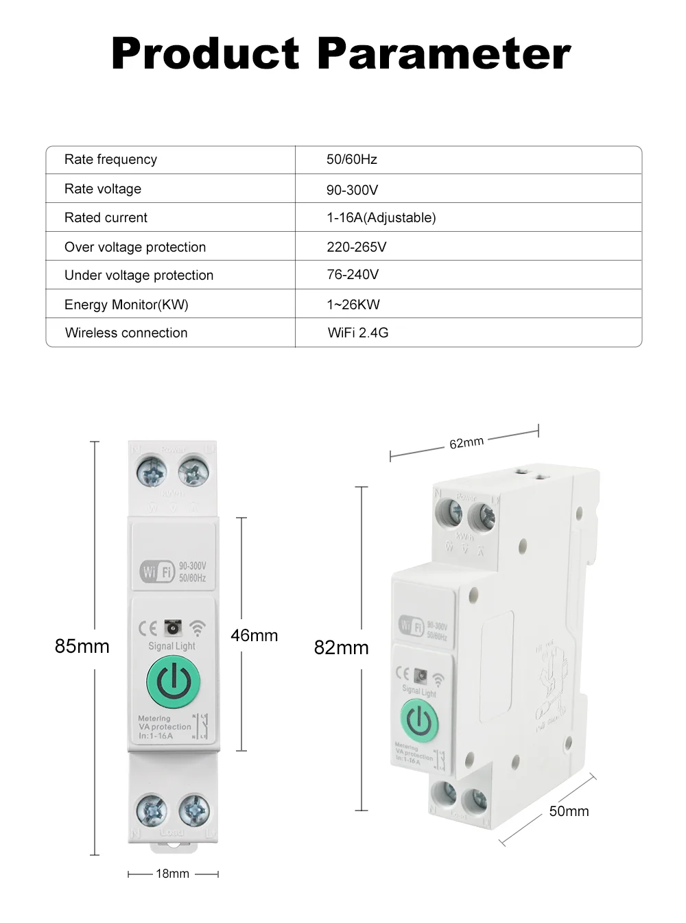 1P+N 16A WLAN-Smart-Leistungsschalter mit Energiemessung, kWh, Spannung, Stromschutz, kompatibel mit Tuya Fernbedienungsschalter – Detail 16