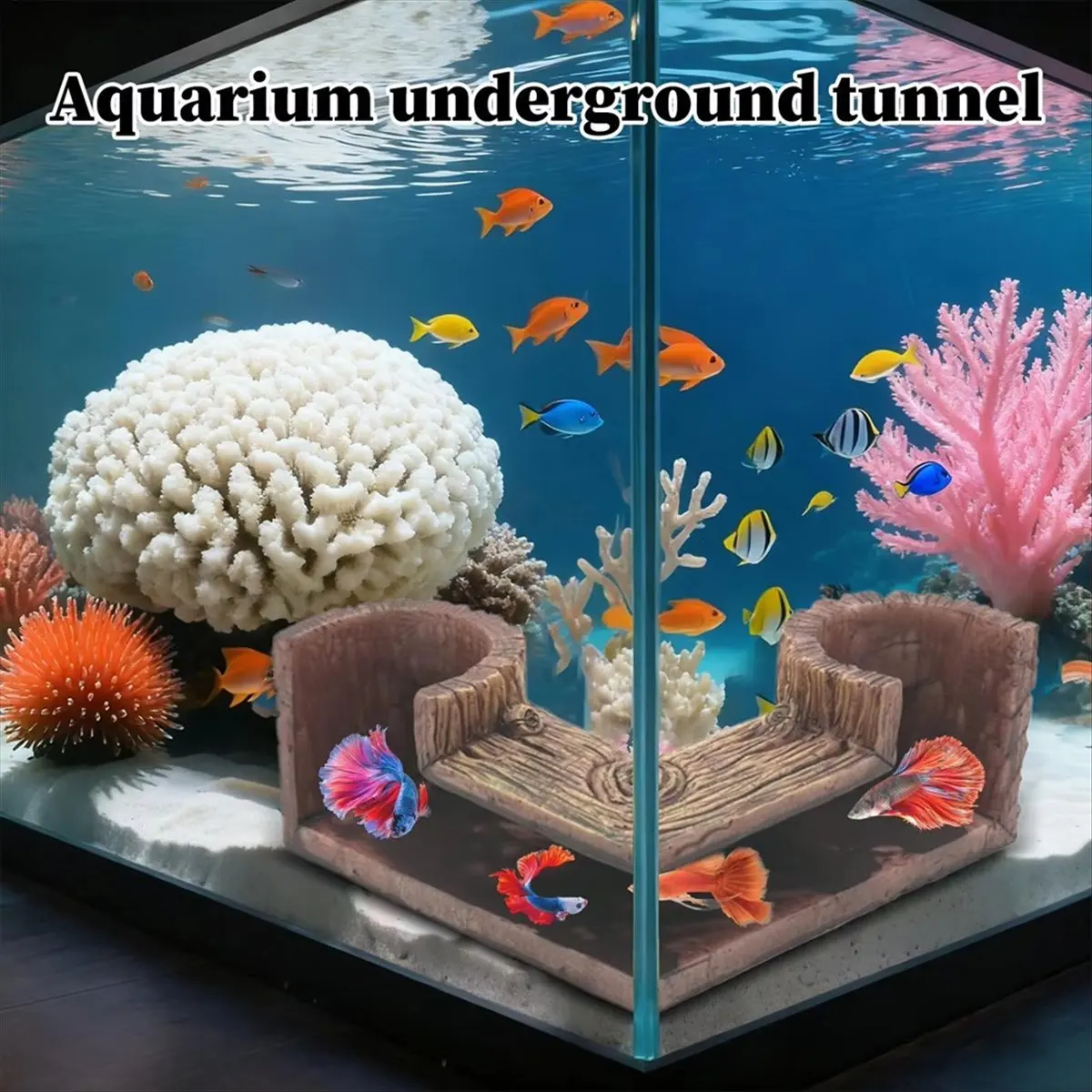 NEW Fish Tank Tunnel Two Hole Underground Tunnel Cave Wood Grain Aquatic Shelter for Saltwater Freshwater Corner Tanks Home