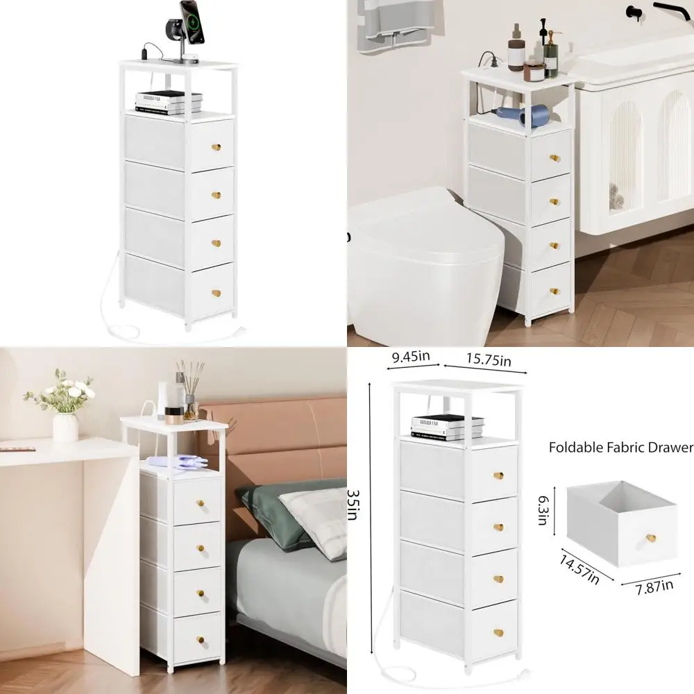 Slim White Bathroom Storage Cabinet with 4 Drawers and Charging Station for Small Spaces