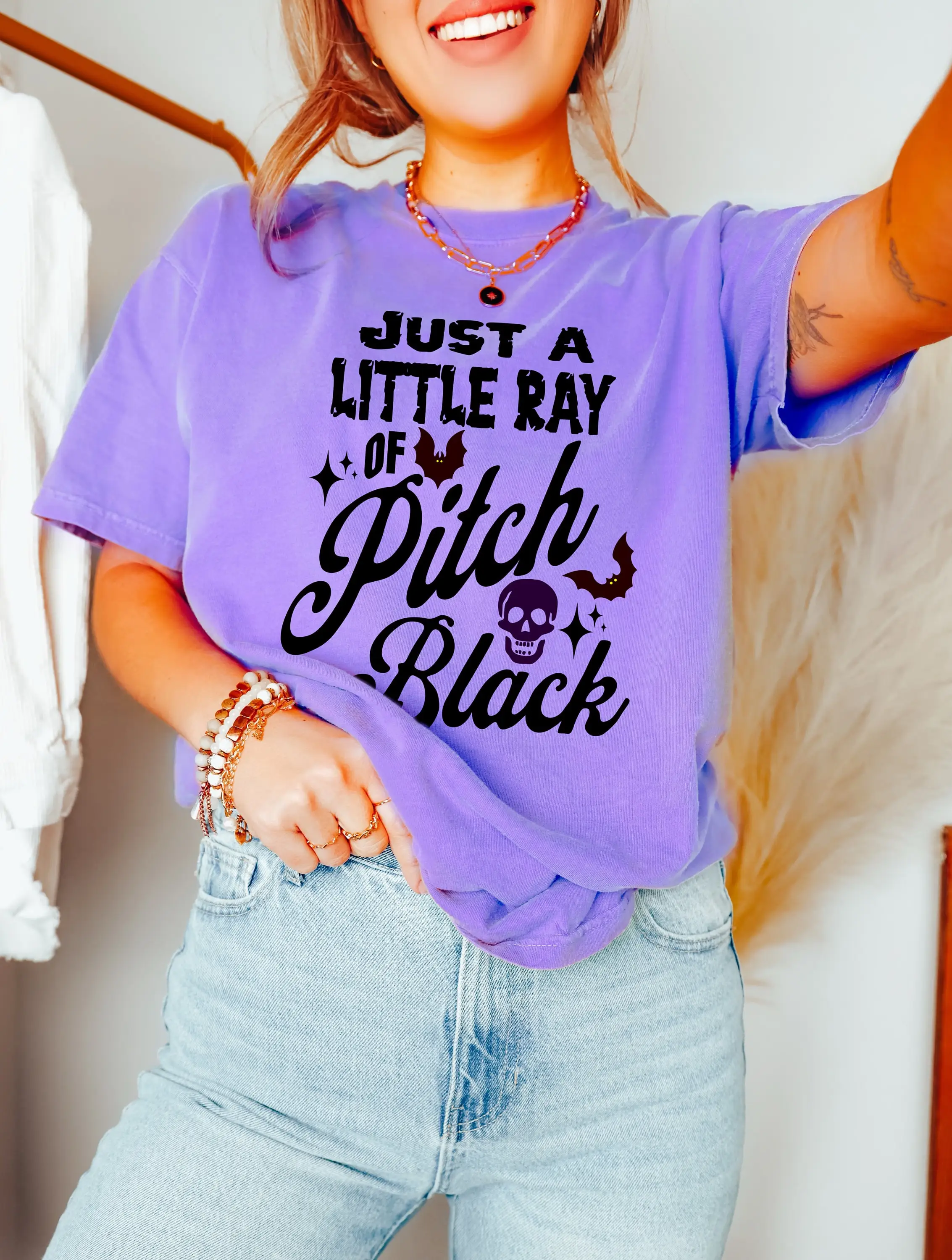 Just A Little Ray Of Pitch Black Comfort Colors T Shirt Funny Halloween Dark on Goth Babe Spooky Season