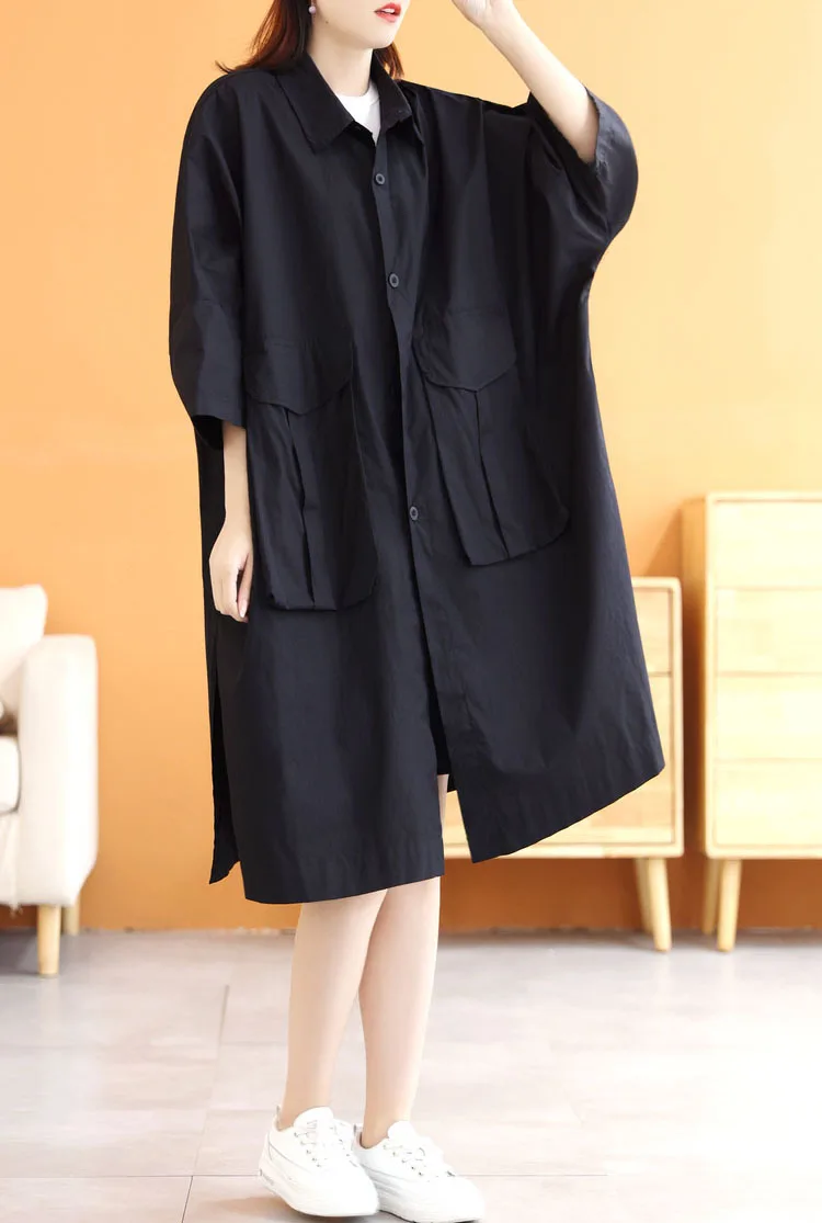 فضفاض الكورية Sle المرأة الصيف irt الدكتور مع كيتس كبيرة الفنية بدوره إلى أسفل طوق H-الخط منتصف طول ألف خط الدكتور