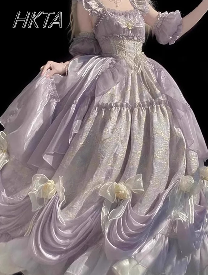 Lolita Elegant Flying Sleeve Shoulder Purple Birthday Evening Dress Women Summer New Gorgeous Student Day Princess Long Dress\